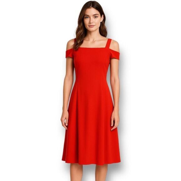 Vince Camuto 14 Red Crepe Midi Dress Cold Shoulder Lined Elegant Cocktail - Picture 1 of 7